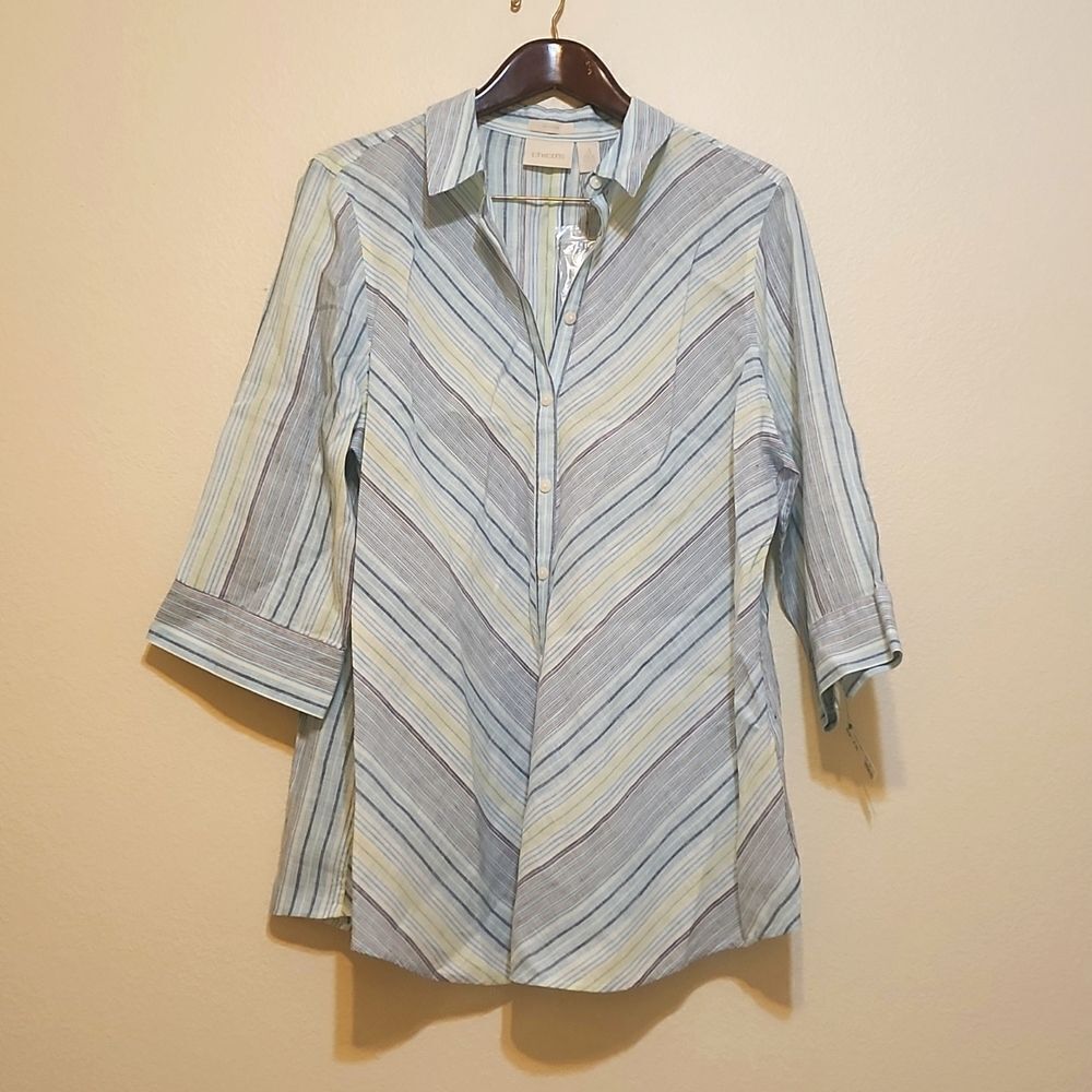 Chico’s Linen Button Down 3/4 Sleeve Tunic Size 3 XL/18 Multi Blues
